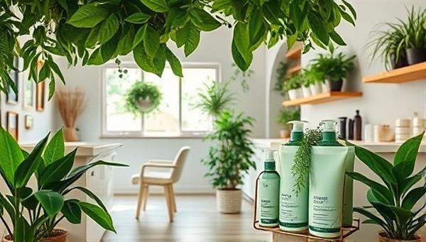 A serene salon setting adorned with lush greenery, showcasing natural beauty products in recyclable packaging, evoking a sense of tranquility and sustainability.