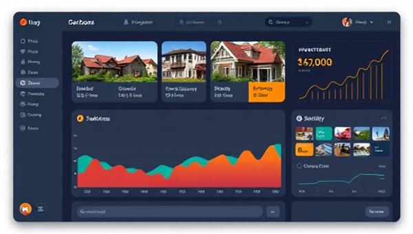 An online dashboard displaying a user-friendly interface with various property investment options, interactive graphs showing potential returns, and a diverse portfolio overview, conveying simplicity and financial growth potential.