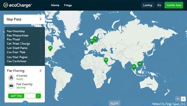 An interactive map interface displaying a network of EV charging stations with real-time availability and pricing information, designed to guide users to nearby charging points and promote the convenience and accessibility of the EcoCharge Network for EV owners.