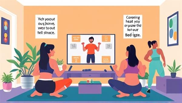 A vibrant digital illustration of a diverse group of people working out at home, following a virtual coach on a screen, with motivational quotes and fitness trackers visible, conveying energy and commitment to health.