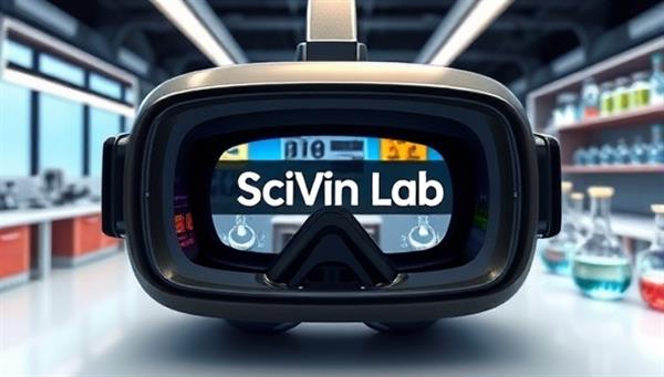 An immersive VR headset displaying a virtual science lab environment with bubbling beakers, scientific equipment, and interactive experiment stations, illustrating the futuristic and engaging nature of SciVR Lab.