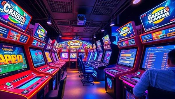An immersive virtual arcade environment with colorful and dynamic skill-based games, surrounded by digital betting interfaces and real-time player rankings, conveying the excitement and competitiveness of SkillBet Arcade