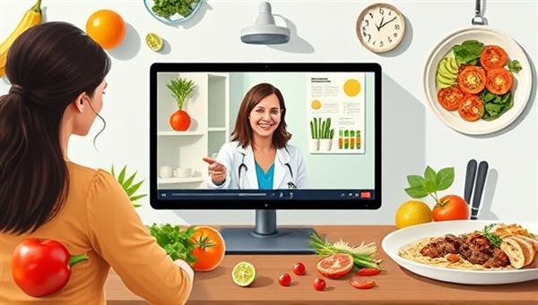 An artistic depiction of a virtual nutrition coaching session, with a nutritionist discussing meal plans and healthy eating tips with a client via video call, surrounded by images of fresh fruits, vegetables, and balanced meals, conveying the essence of personalized nutrition guidance and support.