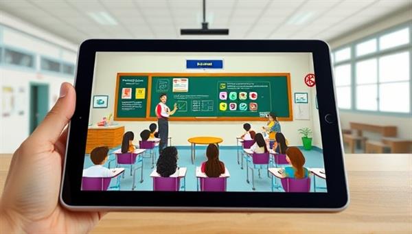 An engaging virtual classroom environment depicted on a tablet screen, showcasing interactive lessons and AI-powered study tools that cater to different learning styles, fostering a dynamic and personalized learning experience.