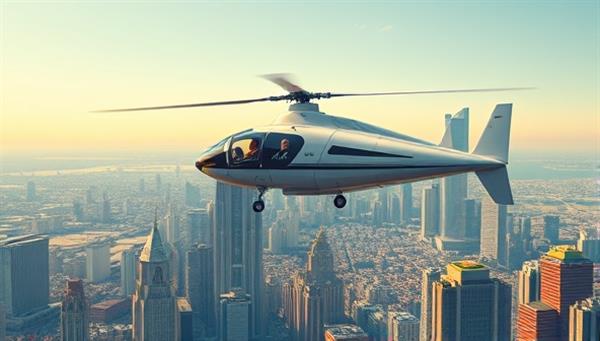 An imaginative illustration of a sleek and futuristic VTOL aircraft hovering above a bustling city skyline, with passengers enjoying a luxurious and scenic aerial view, symbolizing the convenience and sophistication of urban air taxi services.