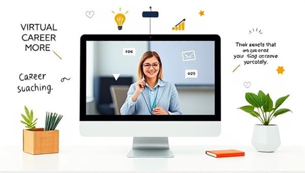 A virtual career coaching session depicted on a computer screen, showing a career coach providing guidance to a client through a video call, surrounded by motivational quotes and career success symbols, symbolizing career growth and support.