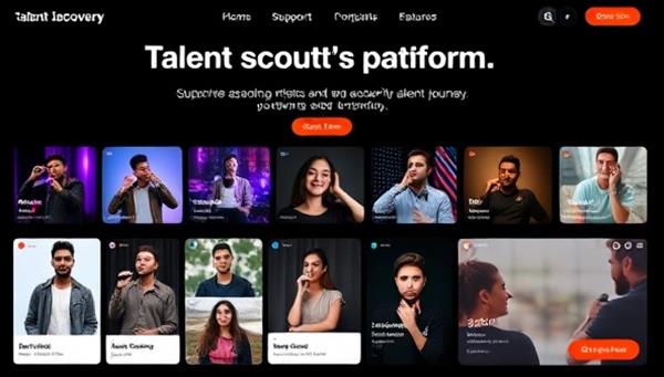 An online talent discovery platform interface showcasing diverse talent profiles, performance videos, and interactive features for talent scouting and networking, illustrating the platform
