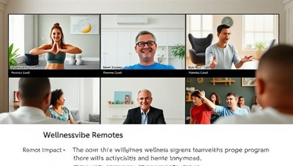 A virtual wellness session with remote employees participating in a virtual fitness class led by a wellness coach, engaging in mindfulness exercises and team-building activities, highlighting the positive impact of WellnessVibe Remote