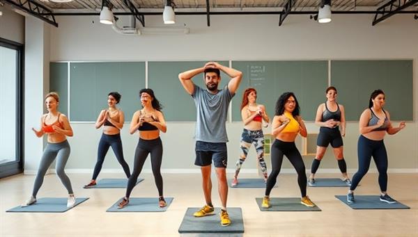 An energetic virtual fitness class with diverse avatars performing different workout routines, motivating each other, and following the guidance of a virtual trainer, illustrating the dynamic and inclusive nature of the online fitness platform.