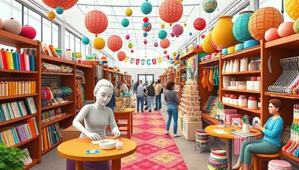 An artistic representation of a virtual craft fair filled with colorful handmade crafts, craft supplies, and DIY project materials, with avatars exploring the marketplace, interacting with artisans, and participating in virtual crafting workshops, capturing the creativity and community spirit of the platform.