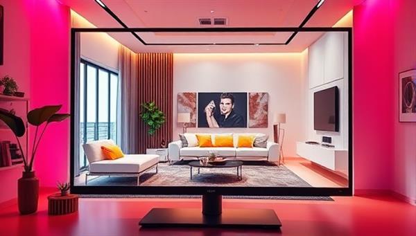 An elegant virtual room design concept displayed on a computer screen, featuring a stylish living room layout with modern furniture and vibrant colors, creating a visually appealing and inspiring atmosphere.
