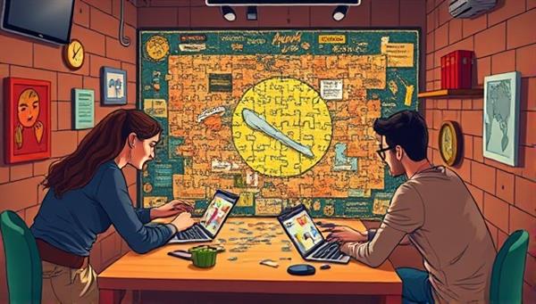 An intriguing digital illustration of a group of diverse individuals working together virtually to solve an intricate puzzle in a virtual escape room setting, showcasing teamwork, problem-solving, and excitement.