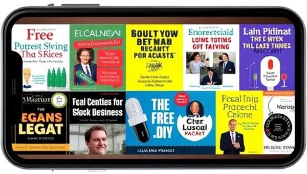 A visual representation of various podcast cover arts from LegalWave Podcasts network displayed on a mobile device, showcasing the diversity of legal topics and shows available, with vibrant designs and catchy titles to attract podcast listeners interested in legal education and insights.