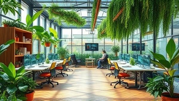 An eco-friendly workspace with lush greenery, recycled materials, and sustainable design elements, conveying a harmonious blend of nature and business, symbolizing sustainability and innovation.