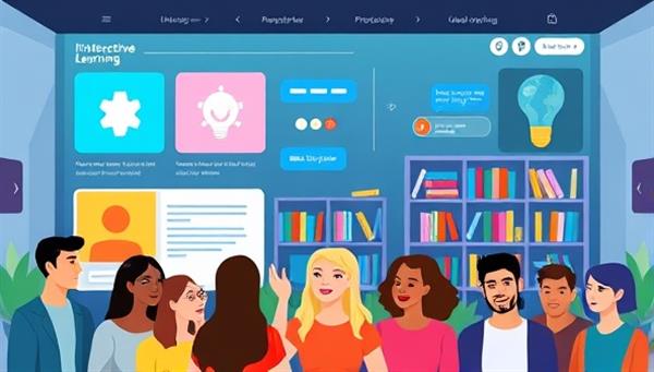 A virtual learning platform interface displaying interactive modules, progress bars, and a chat feature for learner engagement, a digital library with resources, and a diverse group of avatars, illustrating a dynamic and immersive online learning experience.