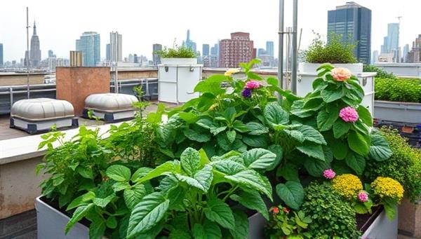 An urban rooftop garden oasis with lush greenery, blooming vegetables, and herbs growing in compact planters, surrounded by cityscape views, illustrating the beauty and sustainability of rooftop farming in urban settings.