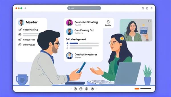 An online mentorship session interface featuring a mentor providing advice and guidance to a mentee through a virtual platform, with personalized coaching sessions, career planning tools, and skill development resources, fostering a collaborative and supportive mentorship experience for aspiring gaming professionals.