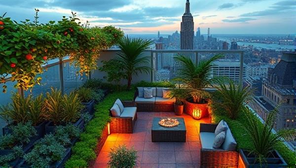 An artistic rendering of a lush rooftop garden oasis in the heart of a bustling city, featuring vibrant greenery, cozy seating areas, and decorative lighting, inspiring urban dwellers to envision their own green retreat.
