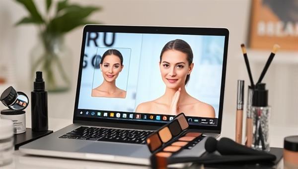A laptop screen showing a virtual beauty consultation in progress, with skincare products and makeup brushes displayed neatly on a desk, creating a modern and personalized beauty experience.