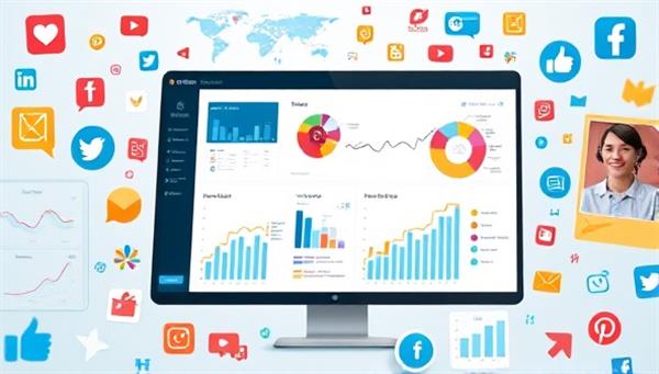 A dynamic visual representation of a digital dashboard displaying real-time social media metrics and trend analysis graphs, surrounded by social media icons and trending topics, illustrating the comprehensive and insightful nature of TrendSense