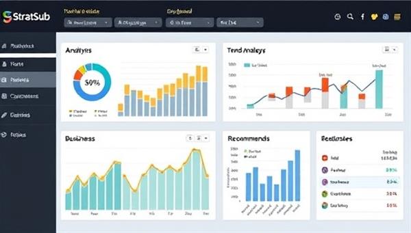 An elegant and professional digital dashboard displaying marketing strategy metrics, trend analysis graphs, and personalized recommendations for businesses, symbolizing the data-driven and expert guidance offered by the subscription-based marketing strategy consultancy, StratSub.