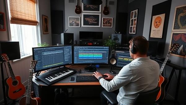 A virtual music production workshop setup featuring a professional instructor demonstrating music software techniques on a digital audio workstation, surrounded by musical instruments, studio equipment, and a creative workspace ambiance, inspiring participants to unleash their musical potential.