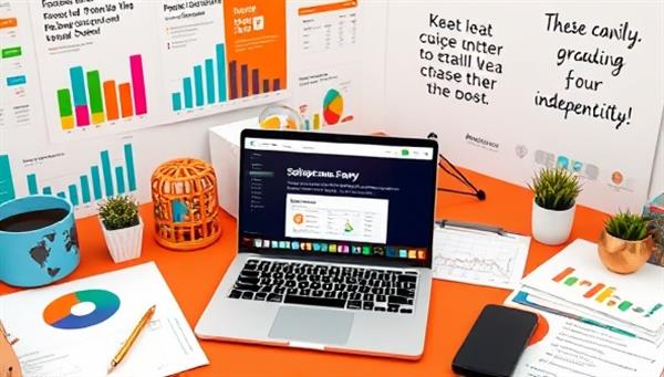 A vibrant and dynamic workspace of a freelancer, featuring a laptop with the SolopreneurSavvy platform open, surrounded by colorful charts, financial documents, and inspirational quotes, reflecting productivity and financial empowerment for independent workers.