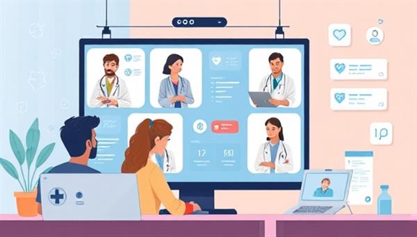 An engaging digital illustration featuring a virtual health consultation scenario on the HealthLink Connect platform, with a diverse group of healthcare professionals providing expert advice to clients through video calls, data analysis, and personalized health plans, highlighting accessibility and expertise in virtual healthcare services.