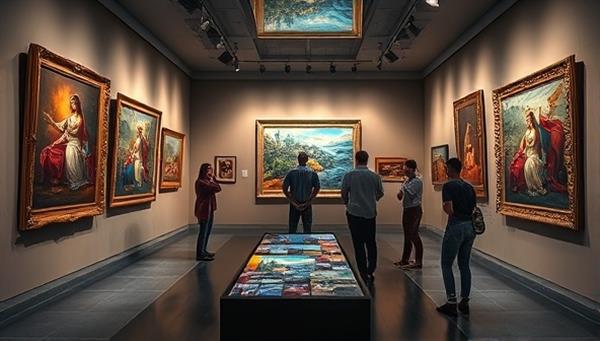 An art gallery space featuring a blend of traditional paintings and digital displays, with visitors interacting with augmented reality elements overlaid on the artworks, showcasing a fusion of art and technology in a visually stunning setting.