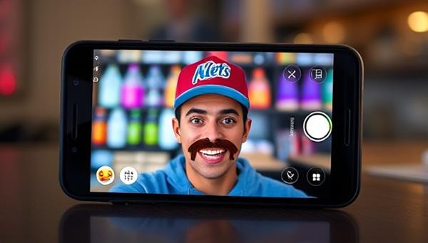 A smartphone screen displaying a user applying an AR filter that transforms their face into a branded product, with interactive elements like animations and sounds, showcasing the fun and engaging nature of ARBrandFilters.