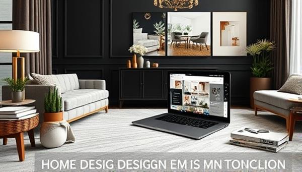 An elegant and stylish room setting with interior design sketches, decor samples, and a laptop displaying a virtual design consultation session in progress, showcasing a blend of creativity and functionality in home design solutions.