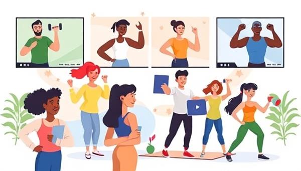 An energetic illustration of diverse individuals participating in virtual workout sessions led by trainers, showcasing a variety of fitness activities and positive interactions, conveying motivation and community spirit.