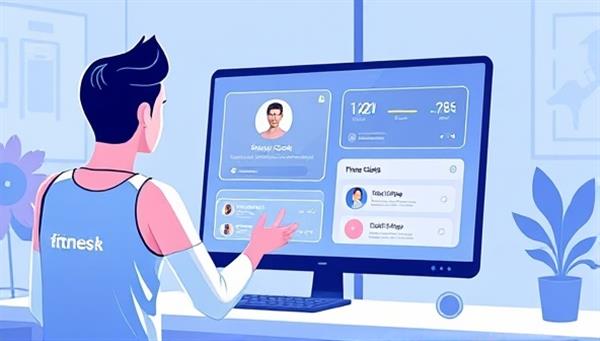 A dynamic digital illustration of a virtual fitness coach guiding a user through a workout session via a video call, with interactive fitness trackers and motivational messages displayed on-screen, creating an engaging and personalized fitness experience.