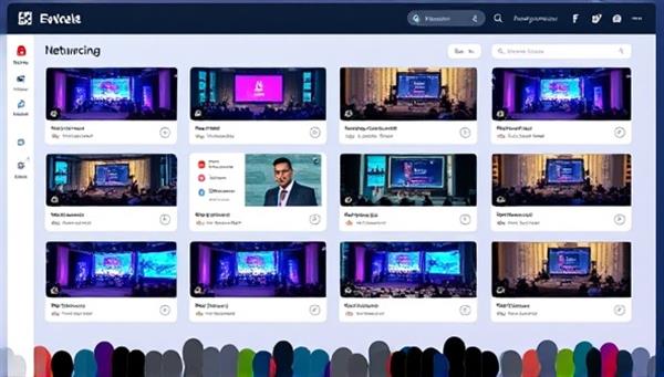 A digital event planning dashboard showcasing various virtual event setups, interactive features, and networking tools, with a focus on creating immersive and engaging online experiences for attendees, sponsors, and speakers.