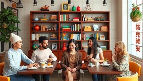 An interactive virtual language cafe setting with diverse avatars engaging in language exchange conversations, cultural activities, and virtual travel experiences, representing a vibrant and inclusive global language learning community that fosters linguistic growth and cross-cultural connections.