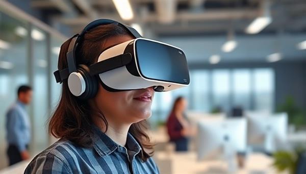 An image of a job candidate wearing a VR headset, exploring a virtual office environment with colleagues interacting around them, showcasing the immersive and realistic experience of VRJobPreview.