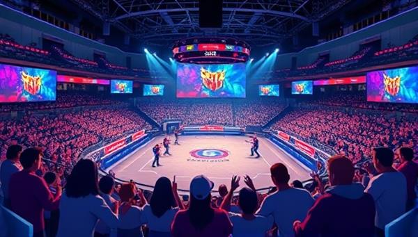 An animated virtual arena showcasing a live eSports tournament with cheering avatars, digital banners, and professional shoutcasting, capturing the excitement and intensity of a virtual gaming event on the platform.