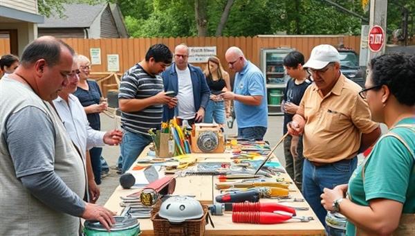 An image of a vibrant community tool-sharing event with neighbors exchanging various tools, sharing knowledge, and collaborating on DIY projects, showcasing the spirit of community engagement and resource sharing in a friendly and inclusive environment.