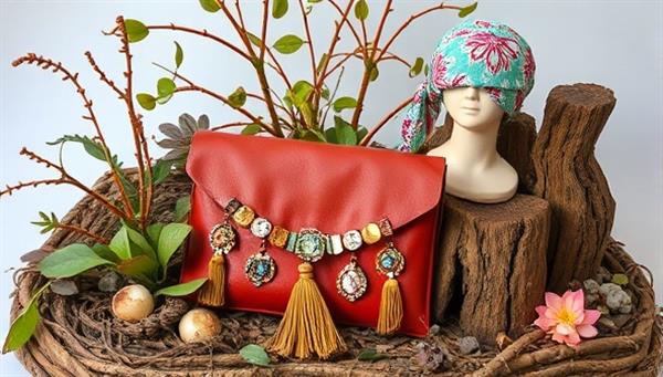 An artistic and bohemian display of upcycled fashion accessories, including a statement necklace, a repurposed leather clutch, and a fabric headband, set against a backdrop of a nature-inspired vignette, showcasing the unique and eco-conscious aesthetic of ReVibe Style Co.