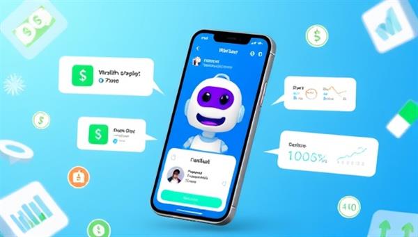 An interactive visual of a smartphone screen displaying the WealthWhiz Chat interface, featuring a friendly chatbot avatar offering financial advice and budgeting tips, with speech bubbles containing money symbols and financial graphs, creating a dynamic and engaging user experience.