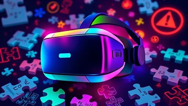 A colorful and futuristic virtual reality headset surrounded by digital puzzles and mysterious symbols, hinting at the immersive escape room experience awaiting users.
