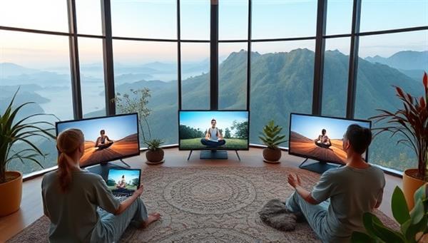A serene virtual wellness retreat scene with participants engaging in meditation and yoga practices on their screens, surrounded by calming nature imagery and soothing music, evoking a sense of tranquility and rejuvenation.