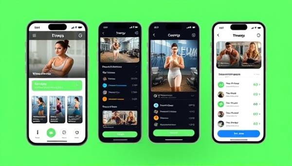 An interactive fitness app interface showcasing workout videos, progress tracking features, and personalized coaching messages, illustrating a dynamic and engaging virtual fitness experience.