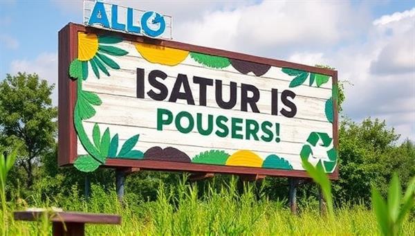 An image of a vibrant and eye-catching billboard made from recycled materials, showcasing a nature-inspired design with a clear message on sustainability, surrounded by greenery and eco-friendly symbols.