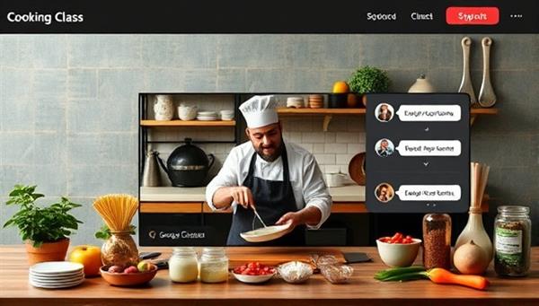 An online cooking class marketplace interface featuring a live cooking session with a chef demonstrating a recipe, interactive chat options for participants to ask questions, and a virtual kitchen setup with ingredients and cooking tools, fostering a dynamic and engaging culinary learning experience.