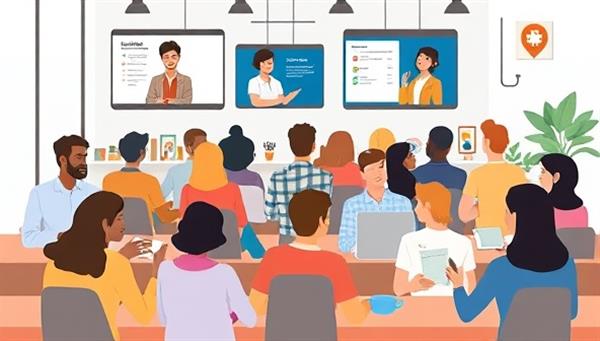 A digital illustration depicting a diverse group of individuals engaged in online real estate courses and webinars, interacting with virtual instructors and learning materials, symbolizing the educational opportunities available on the RealEduHub platform.