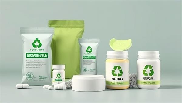 An innovative and environmentally friendly medication packaging design featuring biodegradable pill pouches, reusable containers, and recyclable packaging materials, symbolizing sustainability and eco-conscious practices.