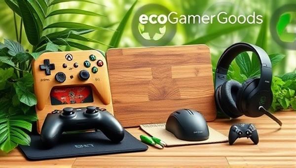 An artistic representation of a collection of eco-friendly gaming accessories, including bamboo controllers, recycled mouse pads, and biodegradable headsets, set against a backdrop of lush greenery and sustainability symbols, highlighting the eco-conscious nature of EcoGamer Goods.