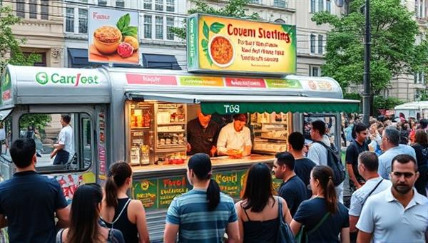 A stylish food truck adorned with colorful banners and serving mouthwatering dishes, surrounded by a bustling crowd of customers enjoying gourmet street food, capturing the essence of a vibrant culinary experience on the go.