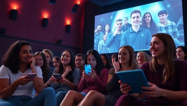 A group of diverse young people sitting in a cinema hall, each holding a device and actively participating in an interactive movie experience projected on the big screen, showing excitement and engagement.